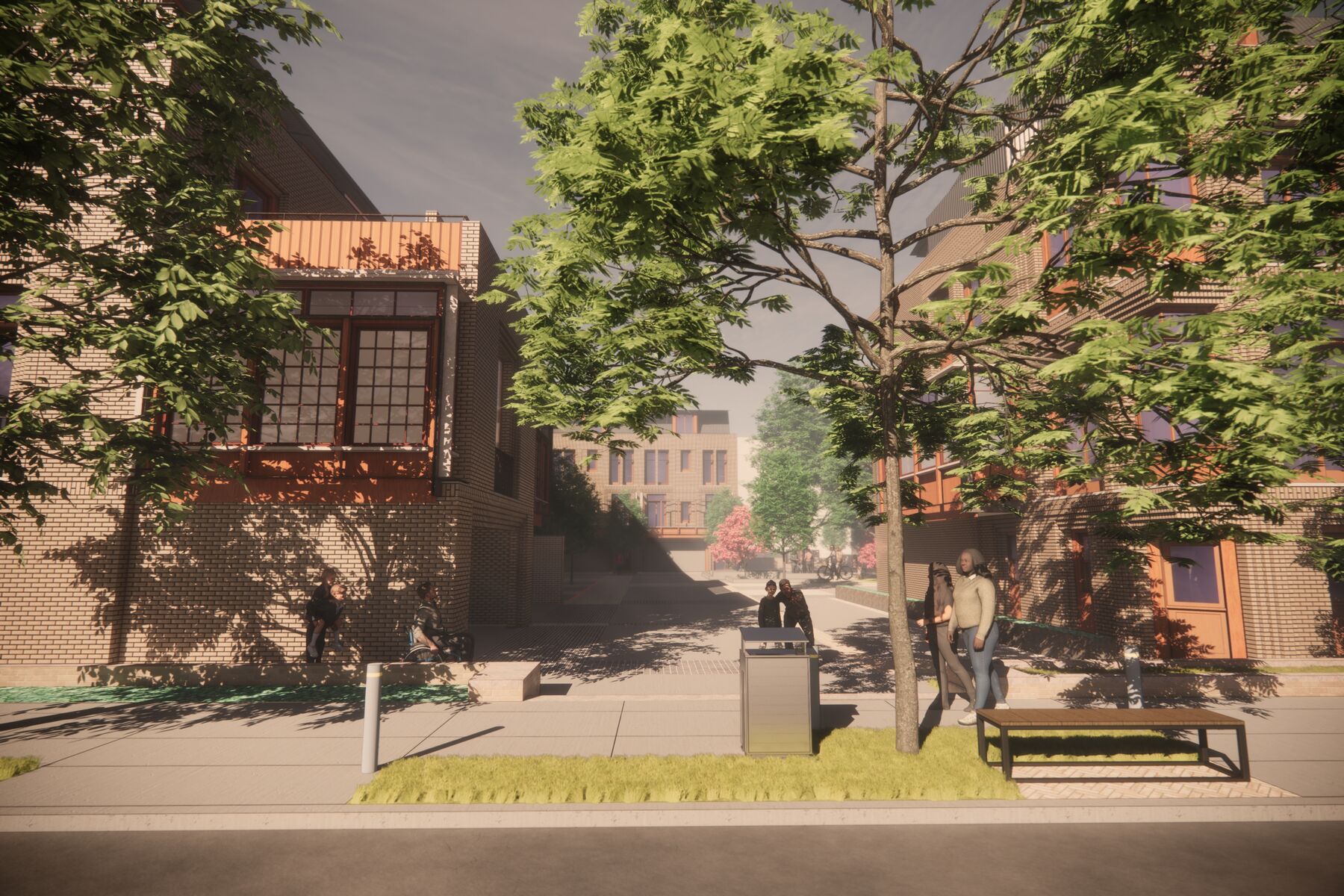 Pedestrian mews between brick townhomes