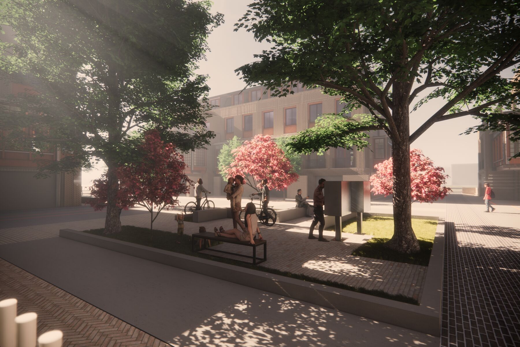 Community plaza with mature trees and gathering spaces